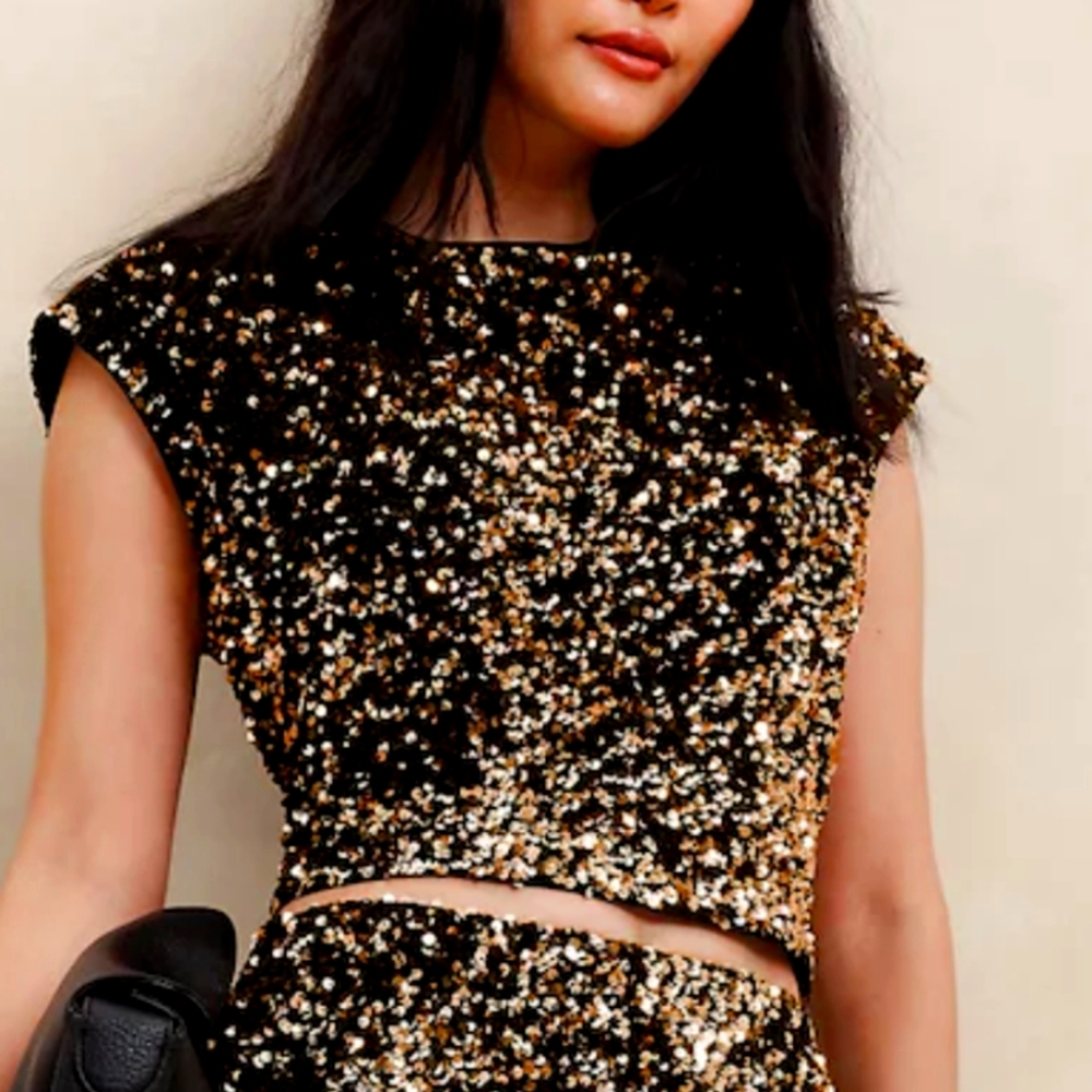 NWT Banana Republic Gold Sequin Cap Sleeve Cropped Top size L